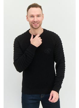 Men Crew Neck Embroidered Logo Sweater, Black