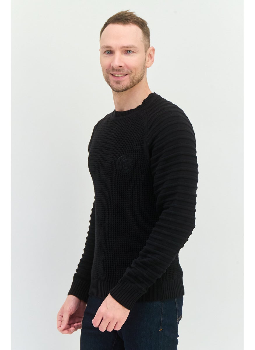 CROSSHATCH Men Crew Neck Embroidered Logo Sweater, Black  - Image 3