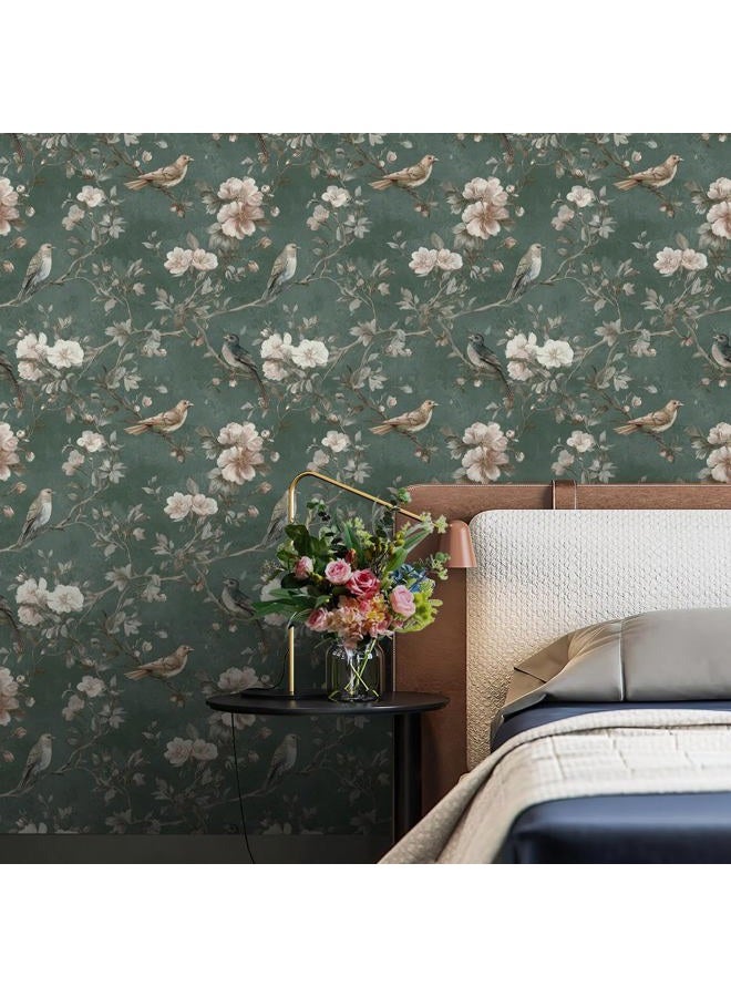 Nukofal Green Bird Peel and Stick Wallpaper Vintage Floral Contact Paper 16.9inchx118.1inch Bird Floral Wall Paper Boho Self Adhesive Removable Wallpaper for Bedroom Bathroom Cabinet Decor Vinyl - Image 2