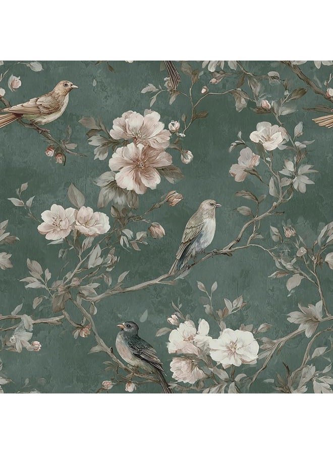 Nukofal Green Bird Peel and Stick Wallpaper Vintage Floral Contact Paper 16.9inchx118.1inch Bird Floral Wall Paper Boho Self Adhesive Removable Wallpaper for Bedroom Bathroom Cabinet Decor Vinyl - Image 1