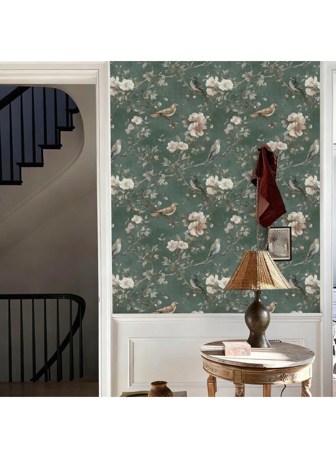 Nukofal Green Bird Peel and Stick Wallpaper Vintage Floral Contact Paper 16.9inchx118.1inch Bird Floral Wall Paper Boho Self Adhesive Removable Wallpaper for Bedroom Bathroom Cabinet Decor Vinyl - Image 4