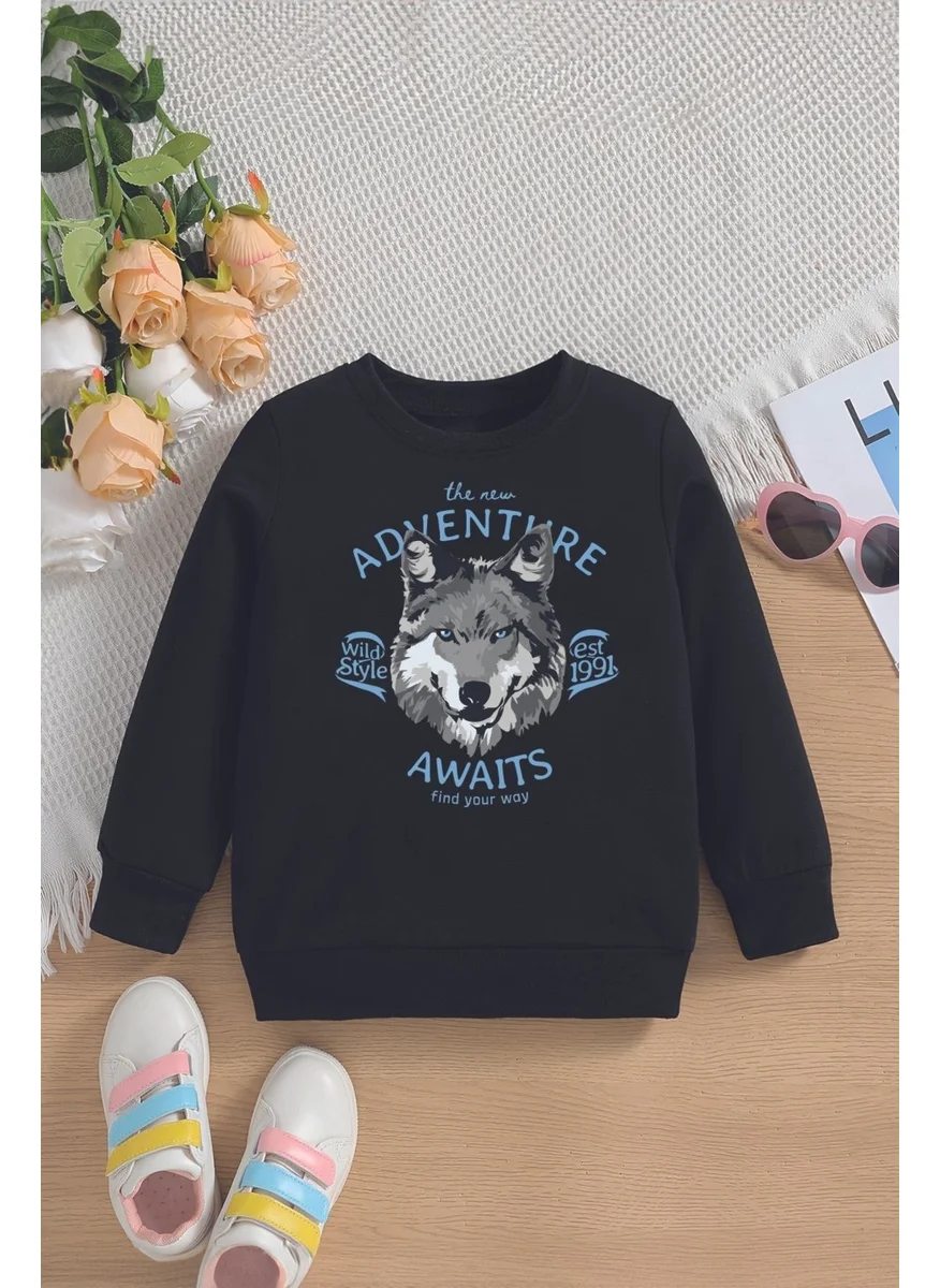 Myada New Season Adventure Written Wolf Printed Oversize Hooded Kids Sweatshirt 14634