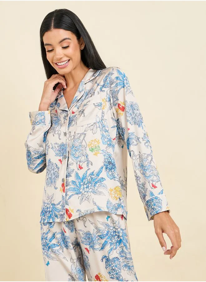 Styli Floral AOP Satin Piped Detail Shirt and Pyjama Set