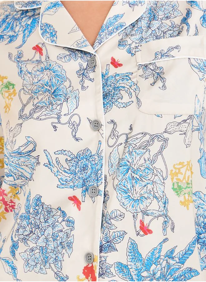 Styli Floral AOP Satin Piped Detail Shirt and Pyjama Set