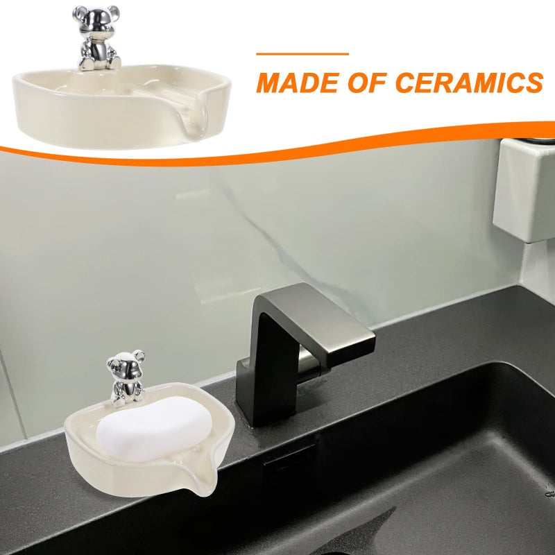 Bear Shaped Ceramic Soap Dish with Self Draining Design for Bathroom Sink Countertop - Image 4