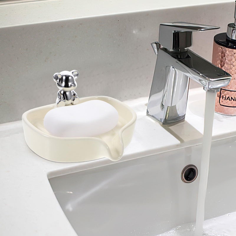 Bear Shaped Ceramic Soap Dish with Self Draining Design for Bathroom Sink Countertop - Image 5
