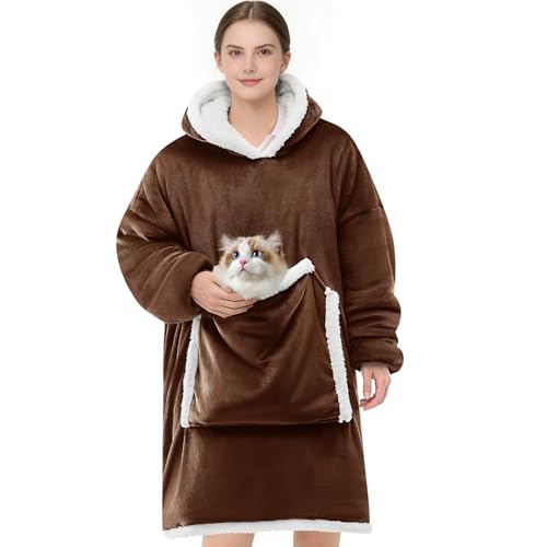 JOYWOO Brown Wearable Blanket Hoodie,Oversized Cat Lovers Sweatshirt Blanket for Adult & Teens,Birthday Gifts for Women Men Mom Girl Boys,Cozy Fuzzy Sherpa Sweatshirt Blanket Giant Pocket Gifts,Small - Image 1