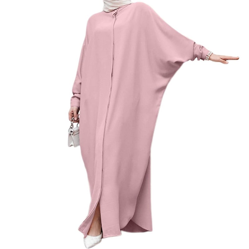 OBEEII Womens Pink One Size Muslim Abaya Dress Modern Batwing Sleeve Henley Shirt Kaftan Dubai Islamic Ramadan Casual Modest Dress