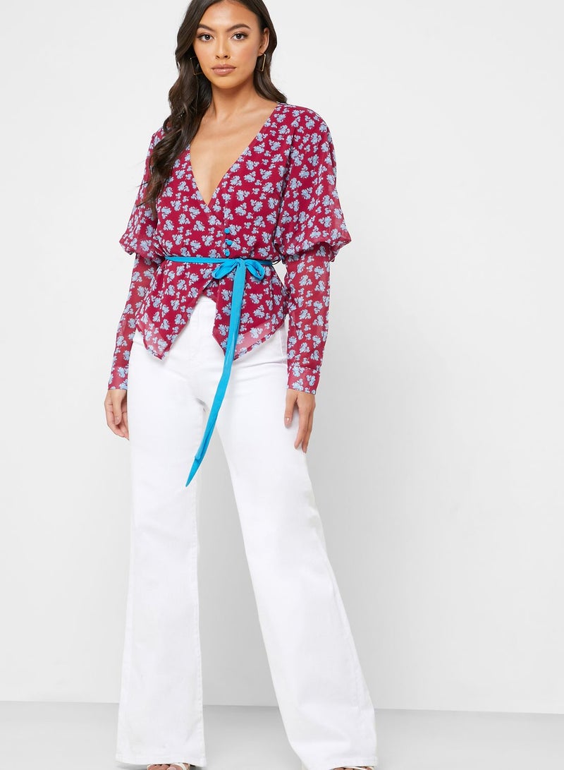 Lost Ink Petite Floral Print Plunge Top - Image 4