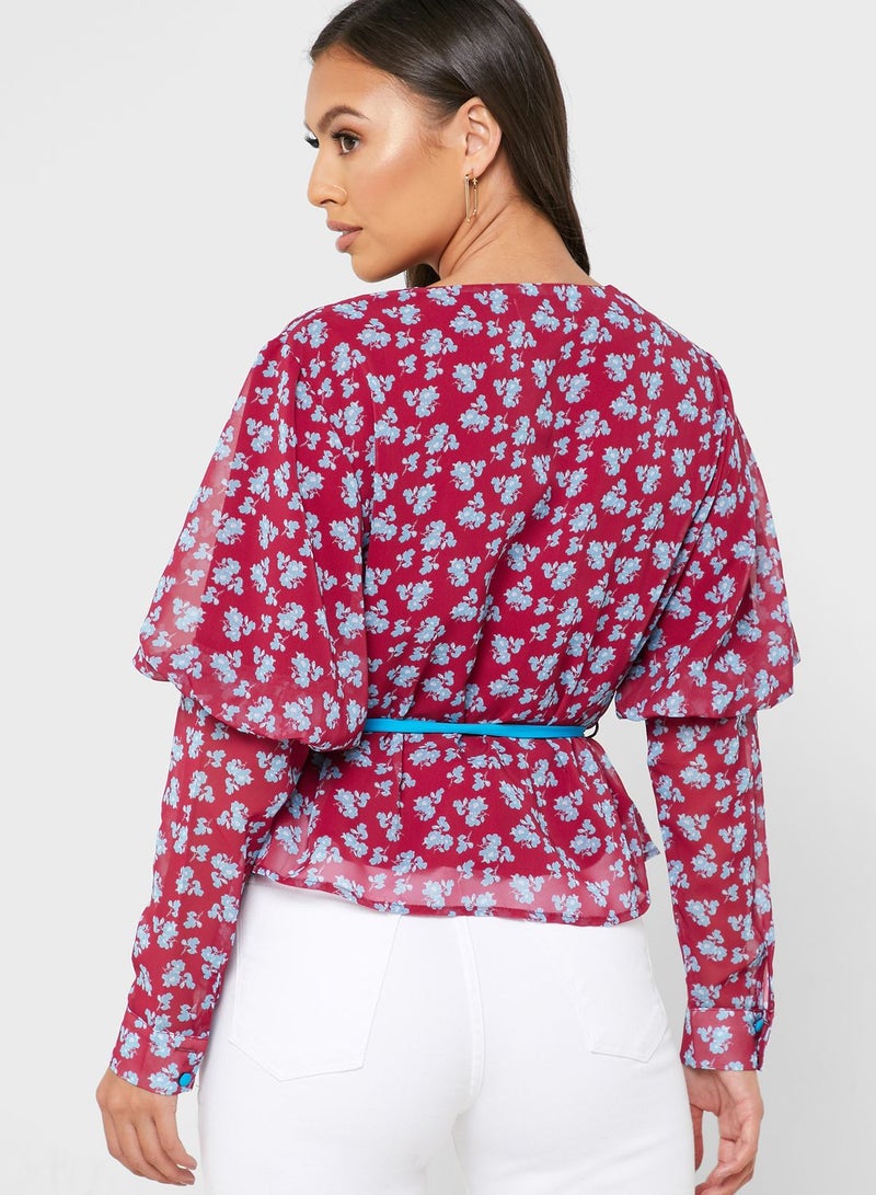 Lost Ink Petite Floral Print Plunge Top - Image 2