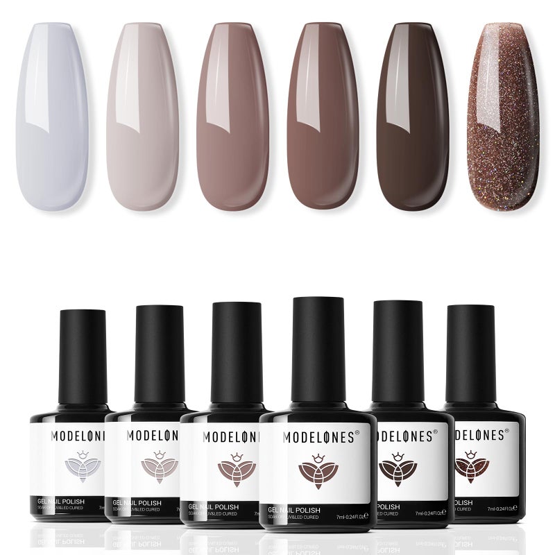 modelones Gel Nail Polish Set- 6 Colors Chocolate Brown Coffee Gel Polish Kit Brown Nude Glitter Nail Kit Soak Off Popular Nail Art Gifts for Women DIY Manicure Home - Image 1