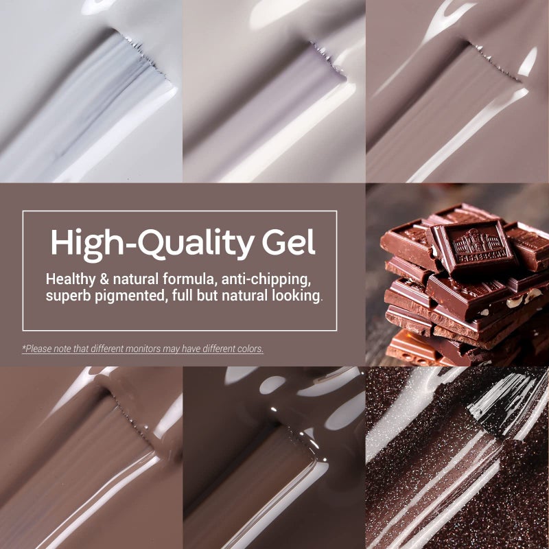 modelones Gel Nail Polish Set- 6 Colors Chocolate Brown Coffee Gel Polish Kit Brown Nude Glitter Nail Kit Soak Off Popular Nail Art Gifts for Women DIY Manicure Home - Image 3