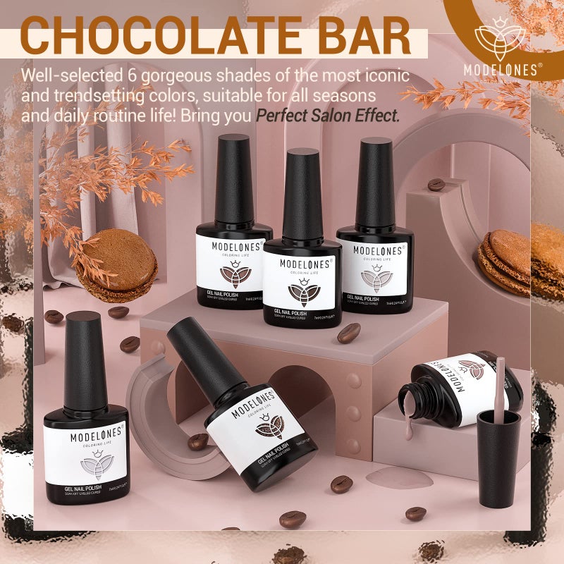 modelones Gel Nail Polish Set- 6 Colors Chocolate Brown Coffee Gel Polish Kit Brown Nude Glitter Nail Kit Soak Off Popular Nail Art Gifts for Women DIY Manicure Home - Image 2