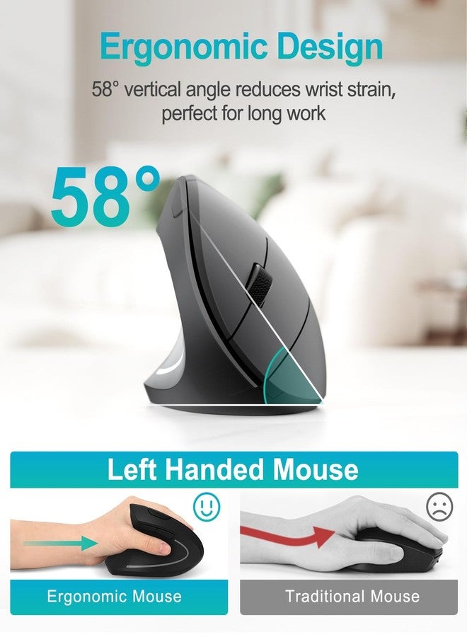 Lekvey Left Handed Ergonomic Mouse, Vertical Wireless Mouse for Left Hand, 2.4G USB Carpal Tunnel Lefty Mouse, 3 Adjustable DPI, 6 Buttons, for Laptop, PC, Computer, Mac, Windows, Desktop - Black - Image 3