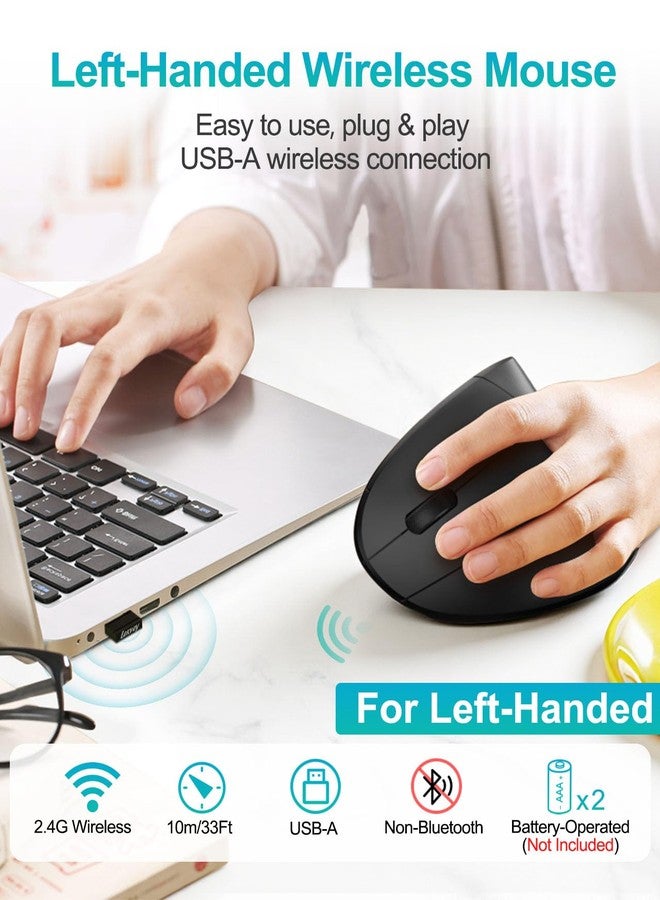 Lekvey Left Handed Ergonomic Mouse, Vertical Wireless Mouse for Left Hand, 2.4G USB Carpal Tunnel Lefty Mouse, 3 Adjustable DPI, 6 Buttons, for Laptop, PC, Computer, Mac, Windows, Desktop - Black - Image 2