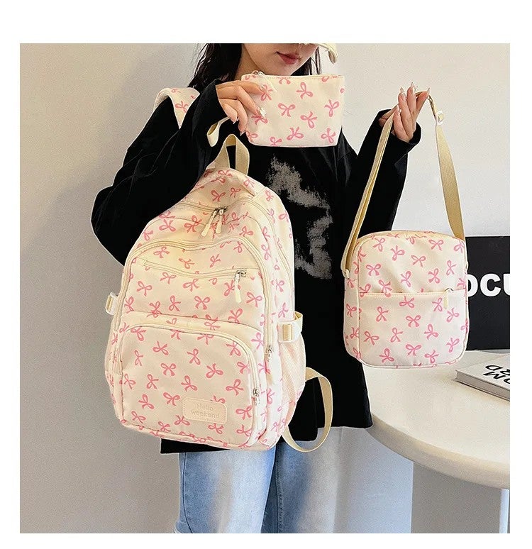 Bluejw Cute Bow Printed Large Capacity Student School Backpack Three-piece Set Casual Backpack Waterproof Polyester Travel Backpack - Image 3