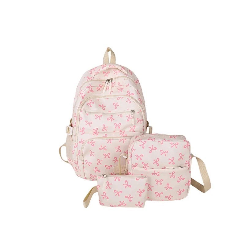 Bluejw Cute Bow Printed Large Capacity Student School Backpack Three-piece Set Casual Backpack Waterproof Polyester Travel Backpack - Image 1