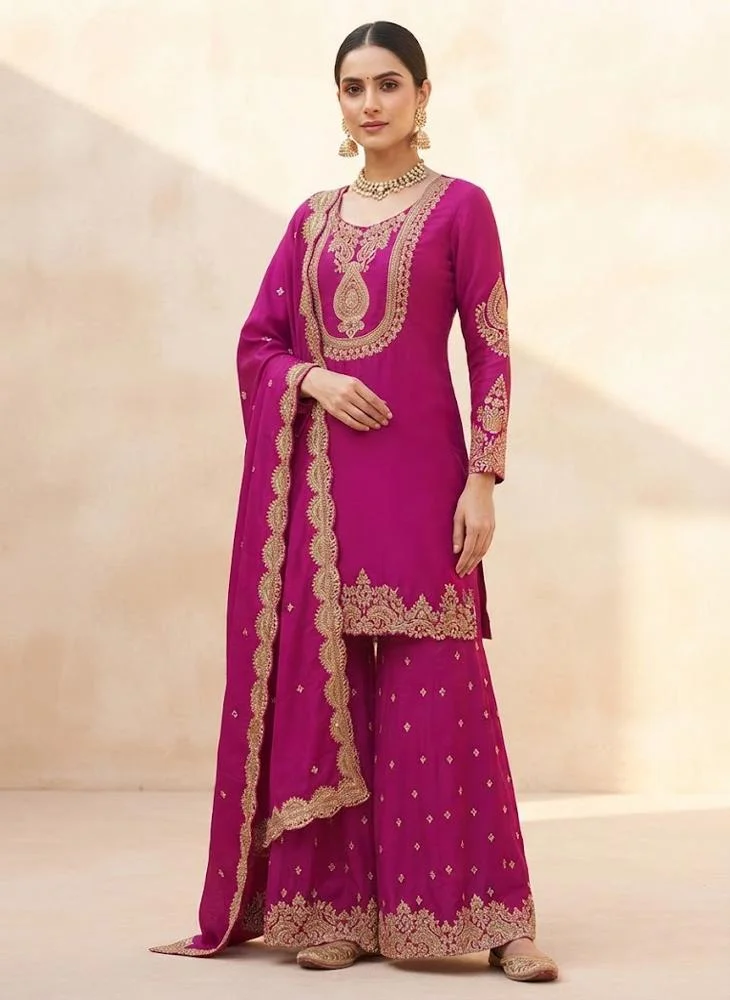 Viny VINY Rani Pink 3-Piece Paisley Embroidered Sharara Suit Set – Women's Indian Ethnic Wear