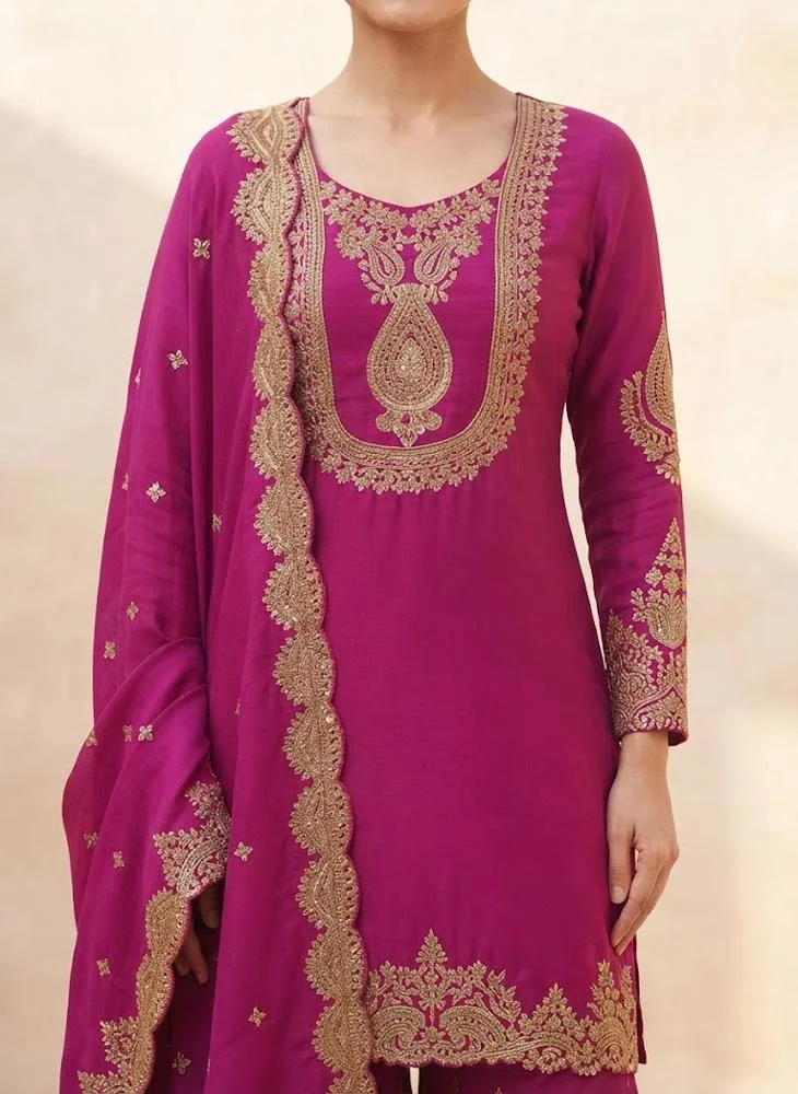 Viny VINY Rani Pink 3-Piece Paisley Embroidered Sharara Suit Set – Women's Indian Ethnic Wear