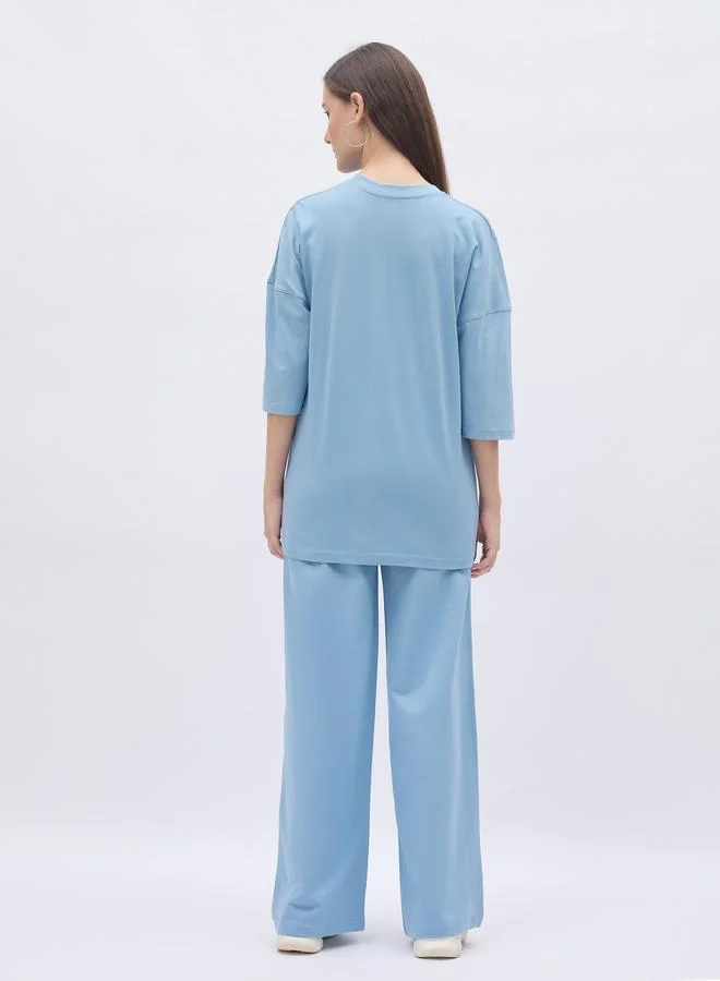 Styli Blue NY Print Oversized T-Shirt and Wide Leg Joggers Co-Ords
