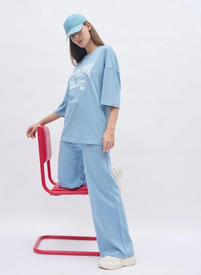 Styli Blue NY Print Oversized T-Shirt and Wide Leg Joggers Co-Ords