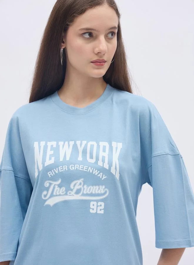 Styli Blue NY Print Oversized T-Shirt and Wide Leg Joggers Co-Ords