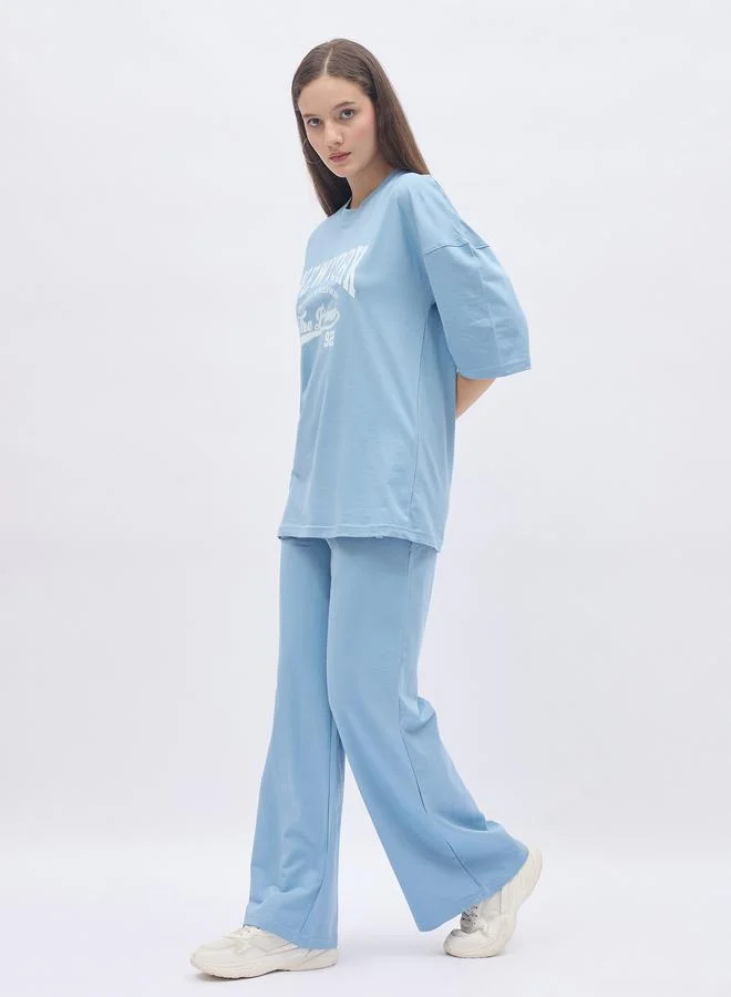 Styli Blue NY Print Oversized T-Shirt and Wide Leg Joggers Co-Ords
