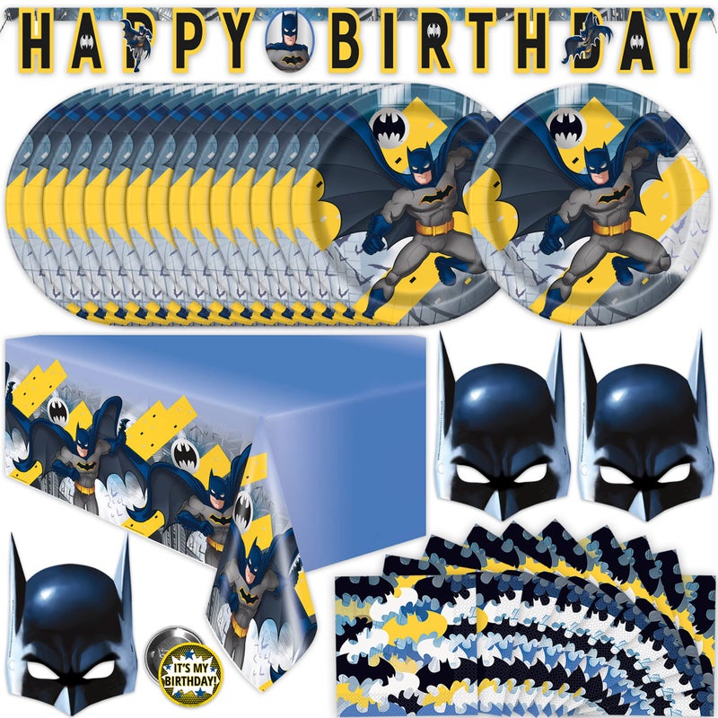 Unique Batman Birthday Party Supplies | Batman Party Decorations | With Banner, Table Cover, Masks, Plates, Napkins, Button | For 16 Guests - Image 1