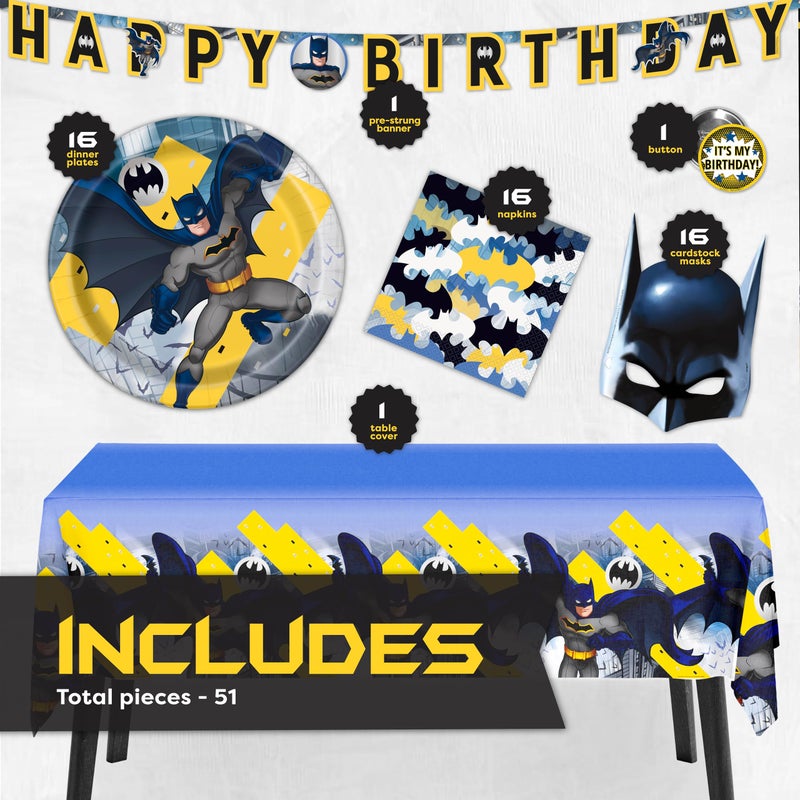 Unique Batman Birthday Party Supplies | Batman Party Decorations | With Banner, Table Cover, Masks, Plates, Napkins, Button | For 16 Guests - Image 2