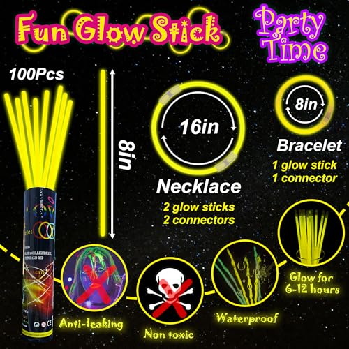 ILHSTY 100 pk Glow Sticks Bulk Party Favors and Decorations 8 Glow in the Dark Party Supplies For Halloween Neon Party Light up Glow sticks Necklaces Bracelets Yellow100 - Image 5