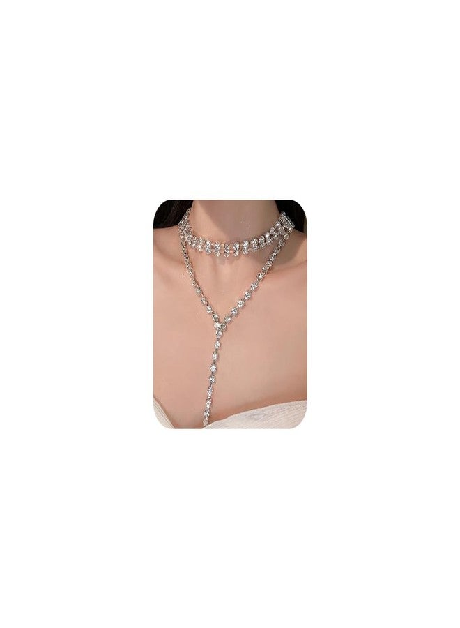 BERYUAN Bohemain Lariat Silver Crystal Rhinestone Y Pendant Necklae Long Necklace for Women Lariat Dainty Silver Necklace Rhinestone Choker Necklace - Image 1