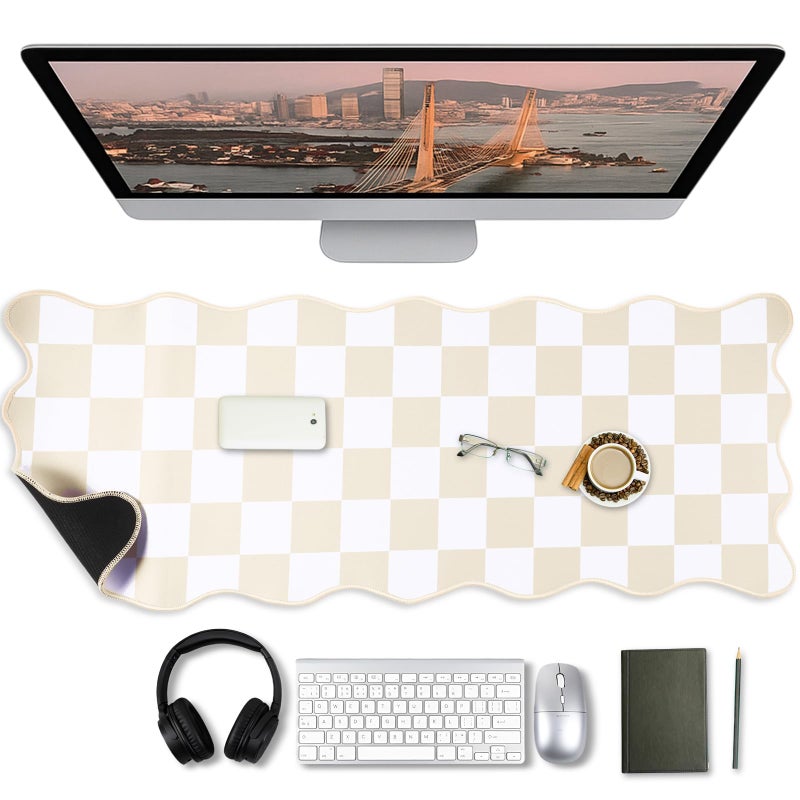 Copkim 1 Pcs Beige Scalloped Checkered Desk Mat 315 x 118 Inch Large Cute Mouse Pad Computer Mat Non Slip Waterproof Rubber Base with Border Stitching Soft Keyboard Pad for Home Office Gaming Makeup - Image 2