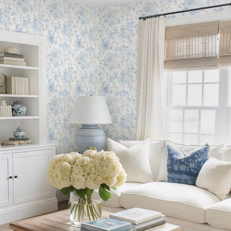 Ismoon Floral Peel and Stick Wallpaper Boho Blue and White Contact Paper Watercolor Stick on Wall Paper Removable Self Adhesive Vinyl Wallpaper for Bedroom Accent Wall Cabinet Decor 17.3x78.7in - Image 4