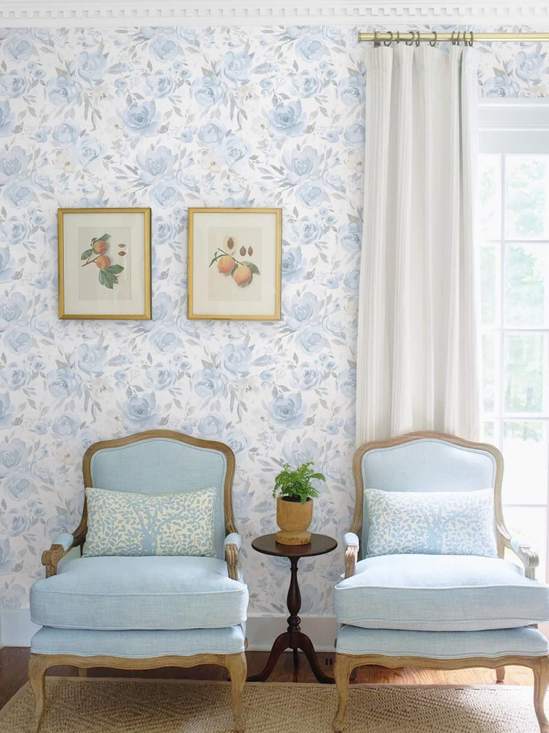 Ismoon Floral Peel and Stick Wallpaper Boho Blue and White Contact Paper Watercolor Stick on Wall Paper Removable Self Adhesive Vinyl Wallpaper for Bedroom Accent Wall Cabinet Decor 17.3x78.7in - Image 3