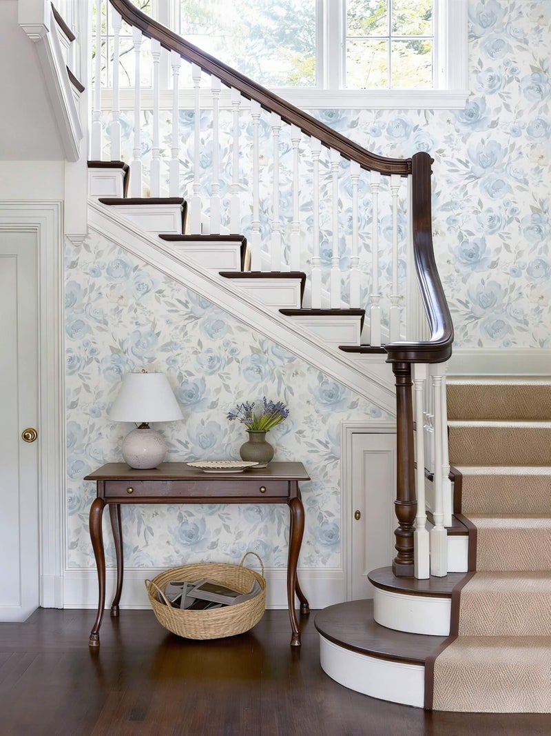 Ismoon Floral Peel and Stick Wallpaper Boho Blue and White Contact Paper Watercolor Stick on Wall Paper Removable Self Adhesive Vinyl Wallpaper for Bedroom Accent Wall Cabinet Decor 17.3x78.7in - Image 5