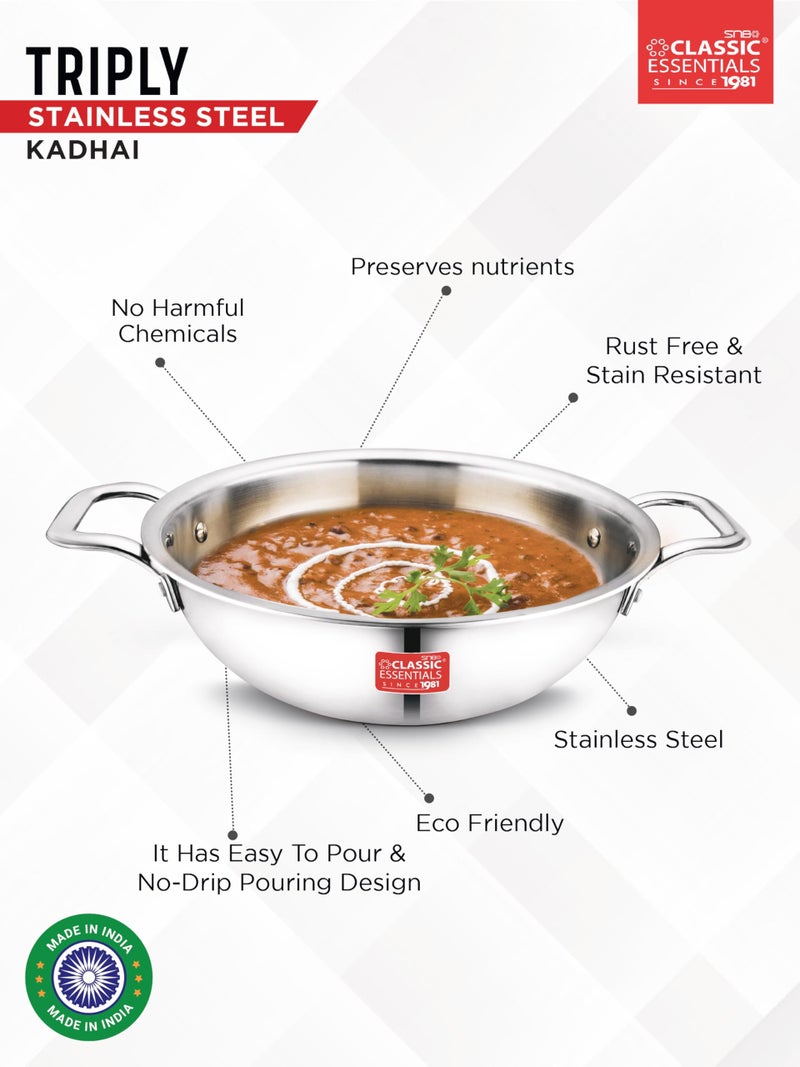 CLASSIC ESSENTIALS Triply Stainless Steel Kadai | Induction Friendly | Nonstick 3-Layer Body,100% Toxin-Free, No Chemical Coating - Silver (Small - 22cm, 2L - for 2-3 People) - Image 4