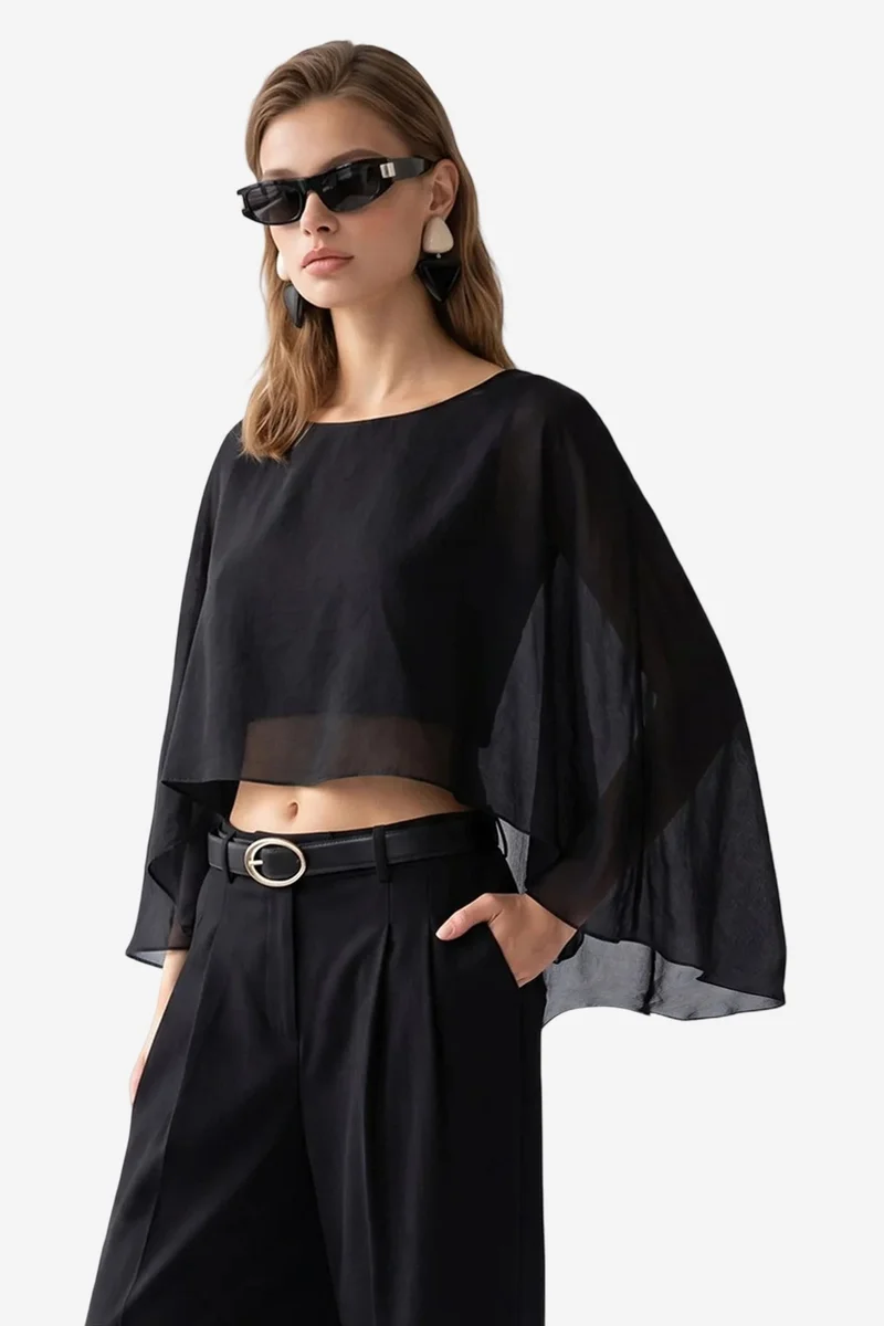 Mixray MIXRAY Loose Chiffon Crew Neck Blouse