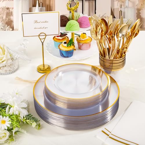 SUT 350Pcs Plastic Dinnerware Set for 50 Guests, Clear and Gold Plastic Plates, Disposable Plates and Napkins Party Supplies, Gold Silverware, Plates, Cups and Napkins Sets for Party Weddings - Image 3