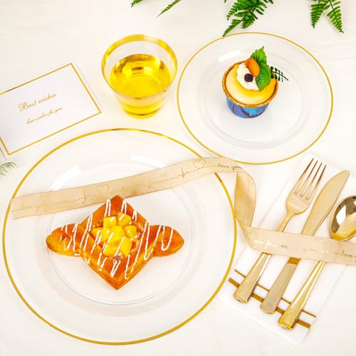 SUT 350Pcs Plastic Dinnerware Set for 50 Guests, Clear and Gold Plastic Plates, Disposable Plates and Napkins Party Supplies, Gold Silverware, Plates, Cups and Napkins Sets for Party Weddings - Image 2