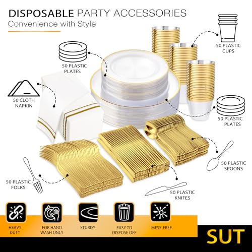 SUT 350Pcs Plastic Dinnerware Set for 50 Guests, Clear and Gold Plastic Plates, Disposable Plates and Napkins Party Supplies, Gold Silverware, Plates, Cups and Napkins Sets for Party Weddings - Image 5