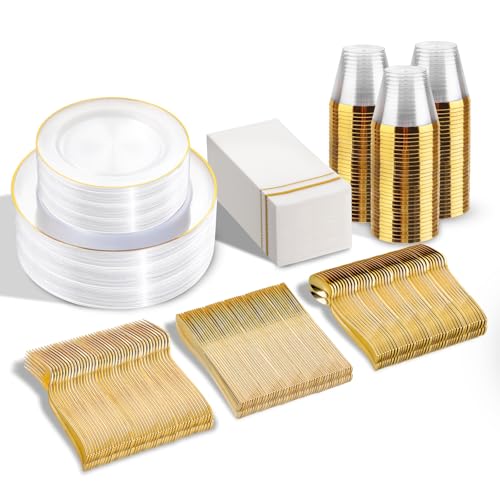 SUT 350Pcs Plastic Dinnerware Set for 50 Guests, Clear and Gold Plastic Plates, Disposable Plates and Napkins Party Supplies, Gold Silverware, Plates, Cups and Napkins Sets for Party Weddings - Image 1