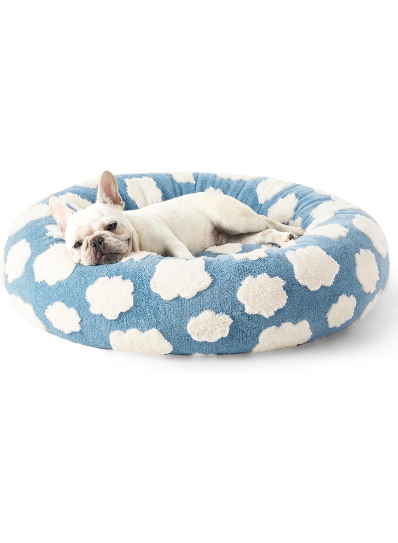كيلا سرير كلب دونات متوسط الحجم، أسرة قطط مستديرة للحيوانات الأليفة المهدئة في الأماكن المغلقة مع غطاء قابل للغسل، أسرة جراء حديثة لطيفة مع قماش جاكار شاغي فخم وقاعدة مانعة للانزلاق، 30 بوصة، أزرق - Image 2