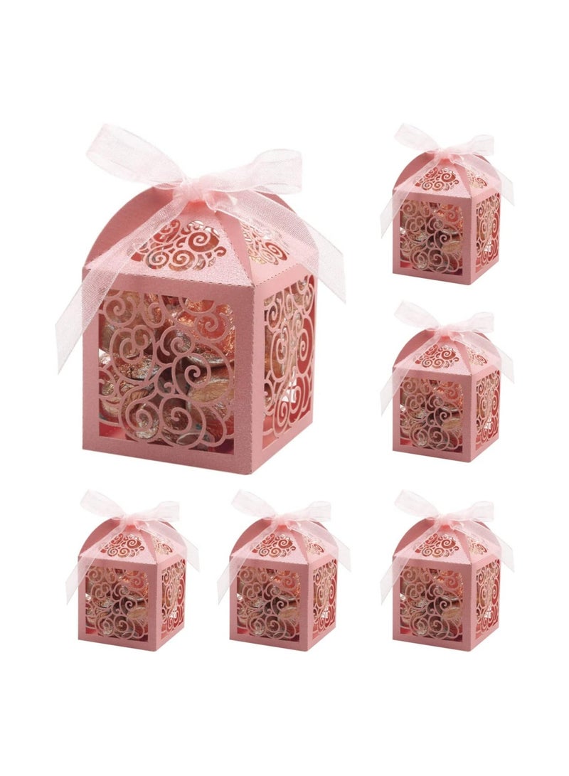 عام **علب تفضيلات زفاف بتصميم دانتيل وردي وقص بالليزر:** عبوة تحتوي على 50 علبة مزينة بشرائط، مثالية لحفلات الاستحمام للعرائس، حفلات الاستحمام للأطفال، أعياد الميلاد، والذكرى السنوية. تناسب لتقديم الحلوى والهدايا. - Image 1