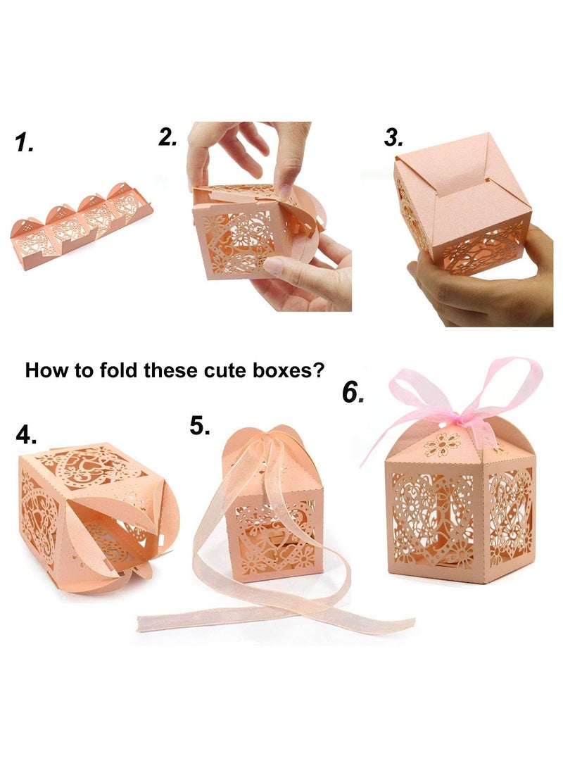 عام **علب تفضيلات زفاف بتصميم دانتيل وردي وقص بالليزر:** عبوة تحتوي على 50 علبة مزينة بشرائط، مثالية لحفلات الاستحمام للعرائس، حفلات الاستحمام للأطفال، أعياد الميلاد، والذكرى السنوية. تناسب لتقديم الحلوى والهدايا. - Image 3