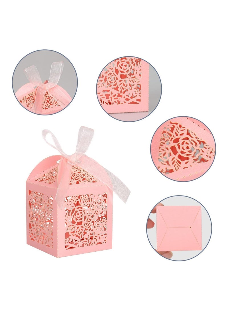 عام **علب تفضيلات زفاف بتصميم دانتيل وردي وقص بالليزر:** عبوة تحتوي على 50 علبة مزينة بشرائط، مثالية لحفلات الاستحمام للعرائس، حفلات الاستحمام للأطفال، أعياد الميلاد، والذكرى السنوية. تناسب لتقديم الحلوى والهدايا. - Image 4