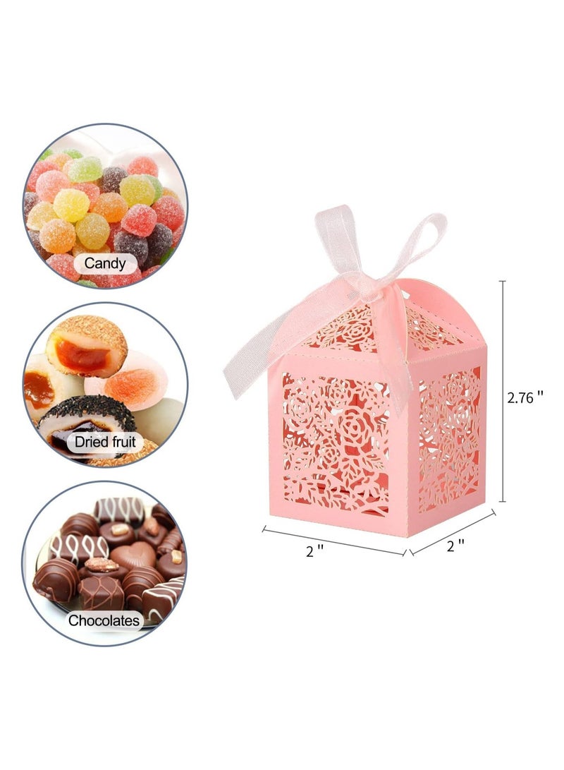 عام **علب تفضيلات زفاف بتصميم دانتيل وردي وقص بالليزر:** عبوة تحتوي على 50 علبة مزينة بشرائط، مثالية لحفلات الاستحمام للعرائس، حفلات الاستحمام للأطفال، أعياد الميلاد، والذكرى السنوية. تناسب لتقديم الحلوى والهدايا. - Image 5