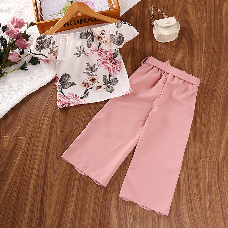 Girls Summer 2024 Outfit Floral Print Top with Long Pants Blue - Image 4