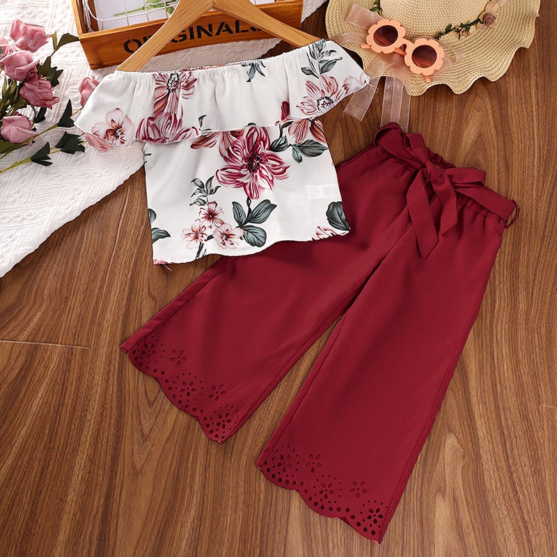 Girls Summer 2024 Outfit Floral Print Top with Long Pants Blue - Image 2