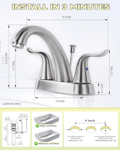 WOWOW Bathroom Faucet 2 Handle 4 Inch Centerset Bathroom Sink Faucet, Lead-Free Basin Mixer Tap with Lift Rod Drain Stopper, 2 Handle Centerset Lavatory Brushed Nickel Vanity Faucet - Image 3