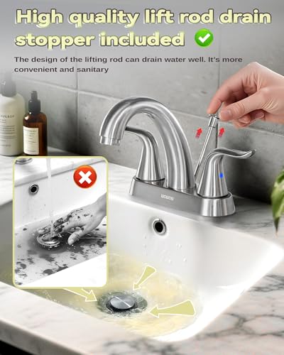 WOWOW Bathroom Faucet 2 Handle 4 Inch Centerset Bathroom Sink Faucet, Lead-Free Basin Mixer Tap with Lift Rod Drain Stopper, 2 Handle Centerset Lavatory Brushed Nickel Vanity Faucet - Image 4